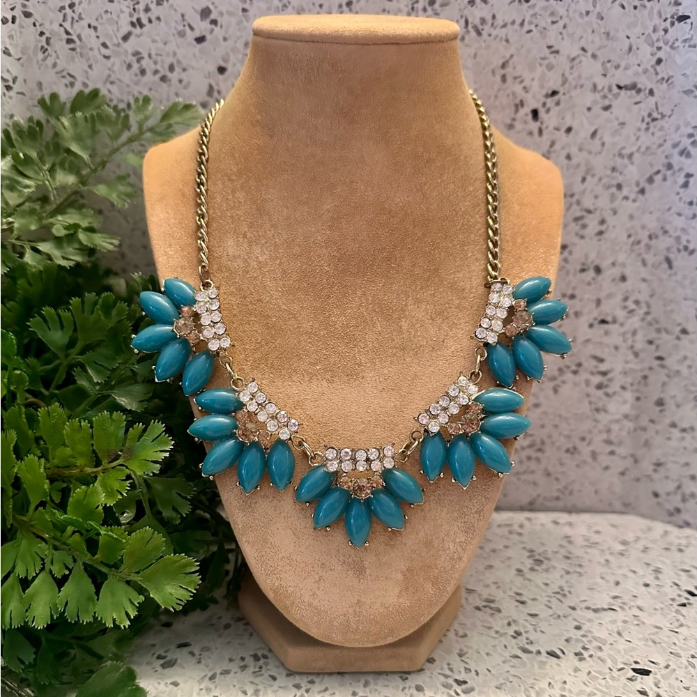 Turquoise cabochon, peach gem and rhinestone necklace